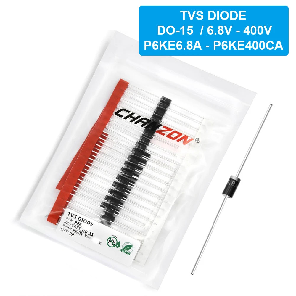 Diodo TVS 600W DO-15 P6KE - Varios Voltajes (6.8A a 400A) - Pack 50 Piezas