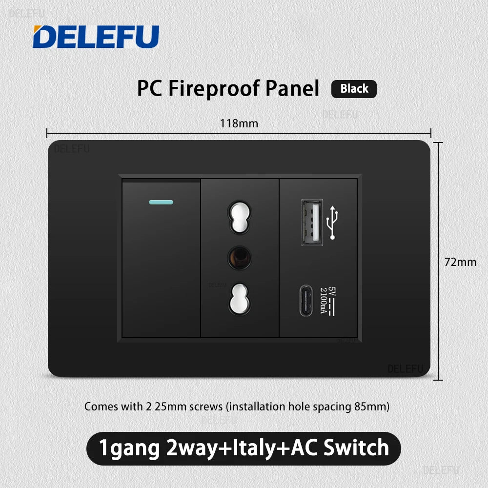 Enchufe Pared Delefu Italia/Chile PC Negro USB-C Carga Rápida + Schuko + Switch Smart Tuya WiFi + SAT/TV/TEL/Timbre