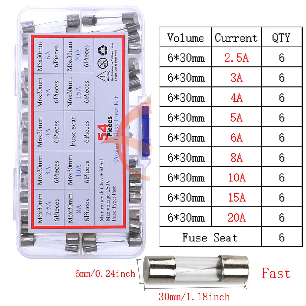 12V-250V Slow Fast Glass Fuse With Lead Wire Mix kit 0.1A 0.25A 0.5A 1A 2A 2.5A 3A 3.15A 4A 5A 6A 6.3A 8A 10A 15A 16A 20A 30A