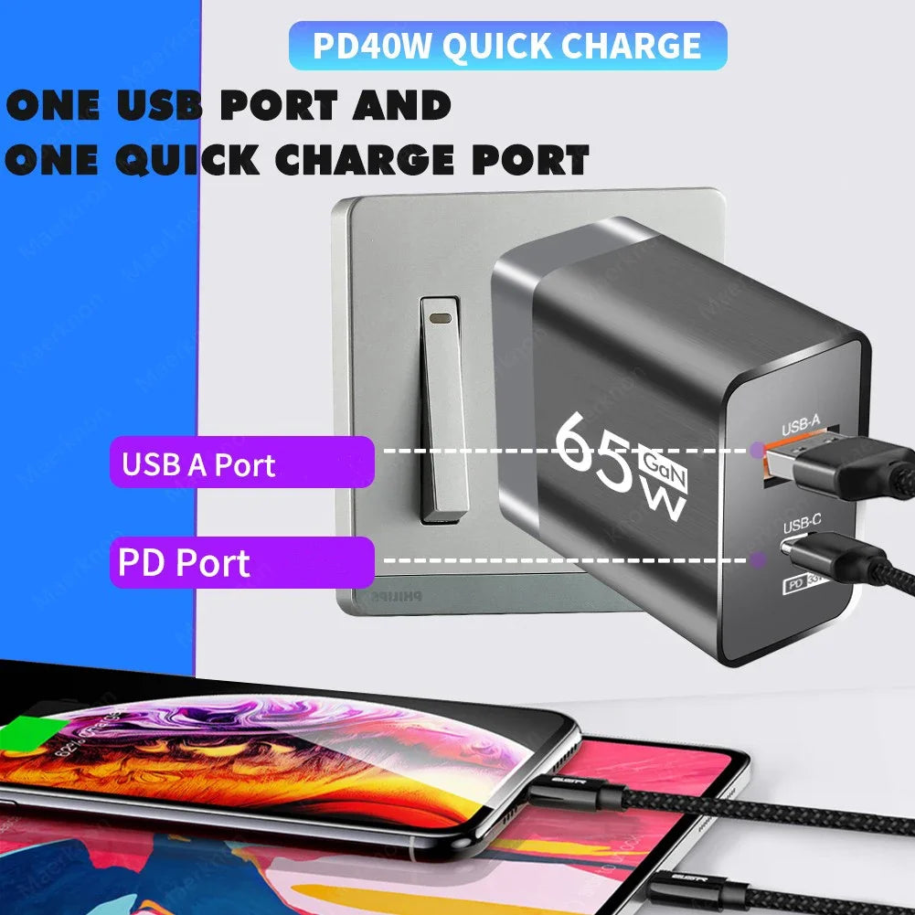 Cargador Pared USB PD GaN 65W Doble Puerto (Tipo C + USB QC3.0) Adaptador Carga Rápida Móvil para iPhone/Samsung/Xiaomi