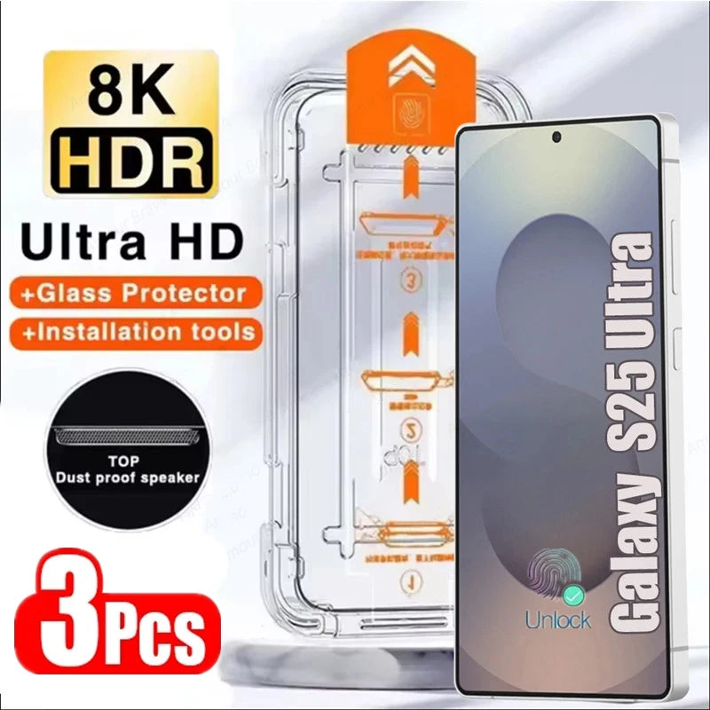 Protector de pantalla de fácil instalación sin polvo con revestimiento oleofóbico para Samsung Galaxy S25 S24 S21 S22 S23 Ultra Plus, 3 uds.