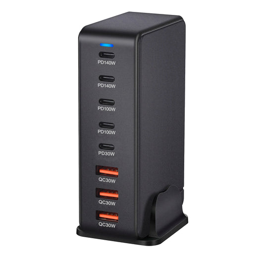 Cargador GaN Rápido 600W 8 Puertos (5 USB-C PD + 3 USB-A QC 3.0?) Portátil para Móvil/Tablet
