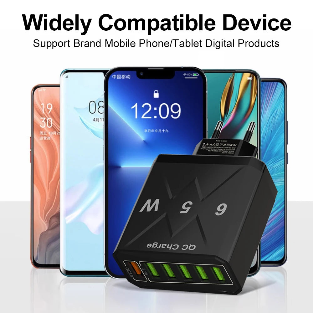 Adaptador Cargador Viaje Rápido USB 3.1A 6 en 1 Multi-Enchufe QC3.0 para iPhone 12/13/Samsung/Xiaomi
