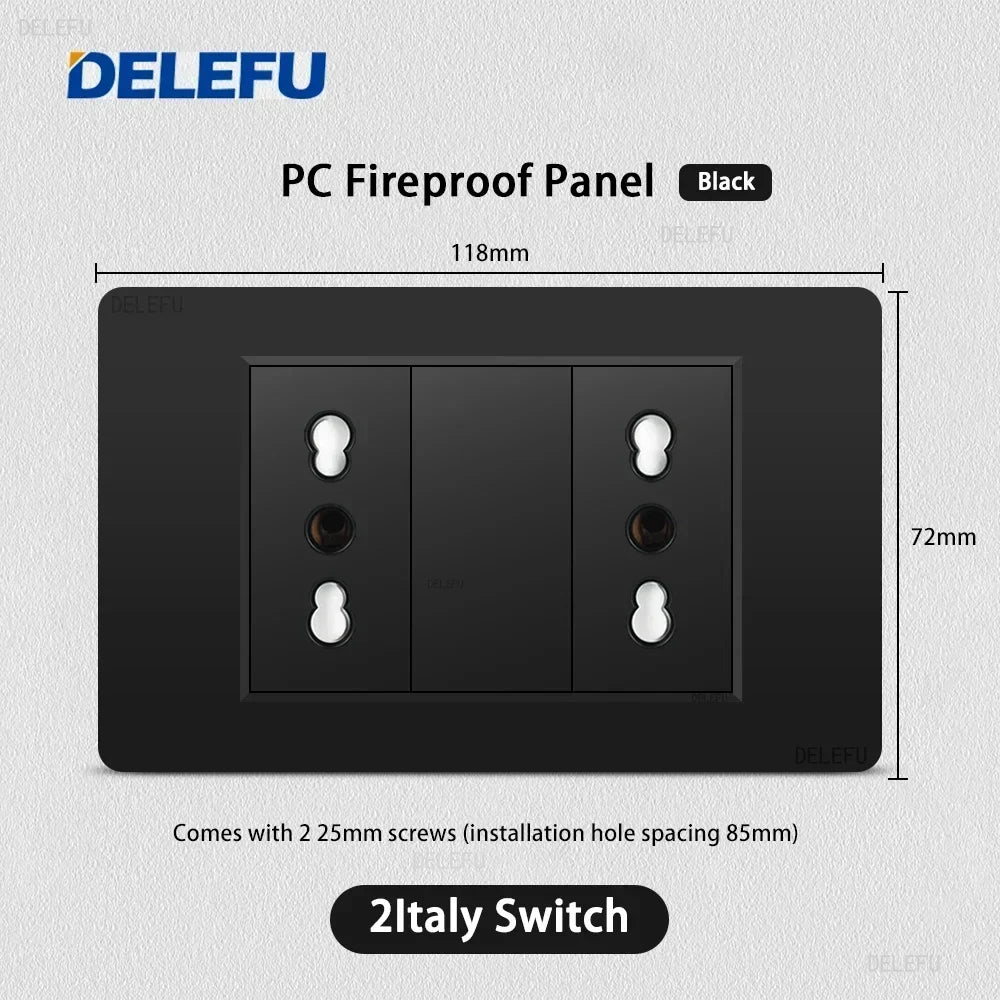 Enchufe Pared Delefu Italia/Chile PC Negro USB-C Carga Rápida + Schuko + Switch Smart Tuya WiFi + SAT/TV/TEL/Timbre