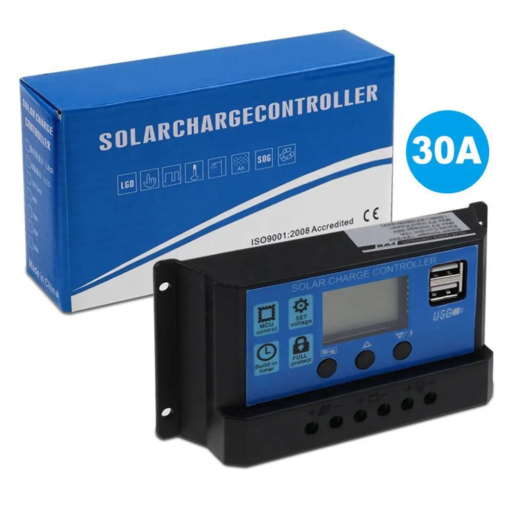 Controlador Carga Solar PWM 30A/50A/60A 12V/24V Auto LCD Dual USB 5V Regulador Panel Batería