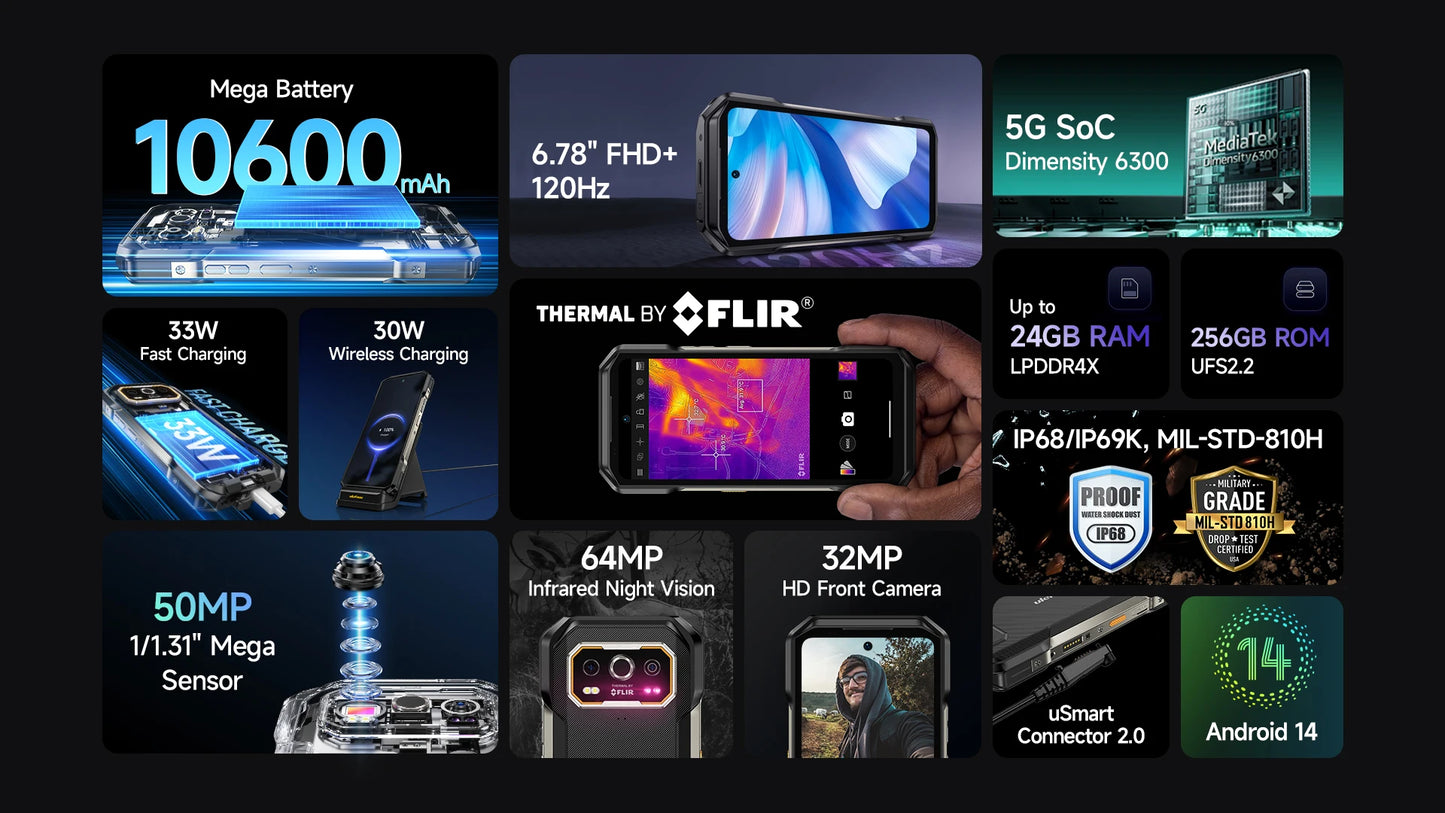 Celular Rugged Ulefone Armor 27T Pro 5G con Cámara Térmica FLIR® - 10600mAh, Android 14, 24GB/256GB, NFC