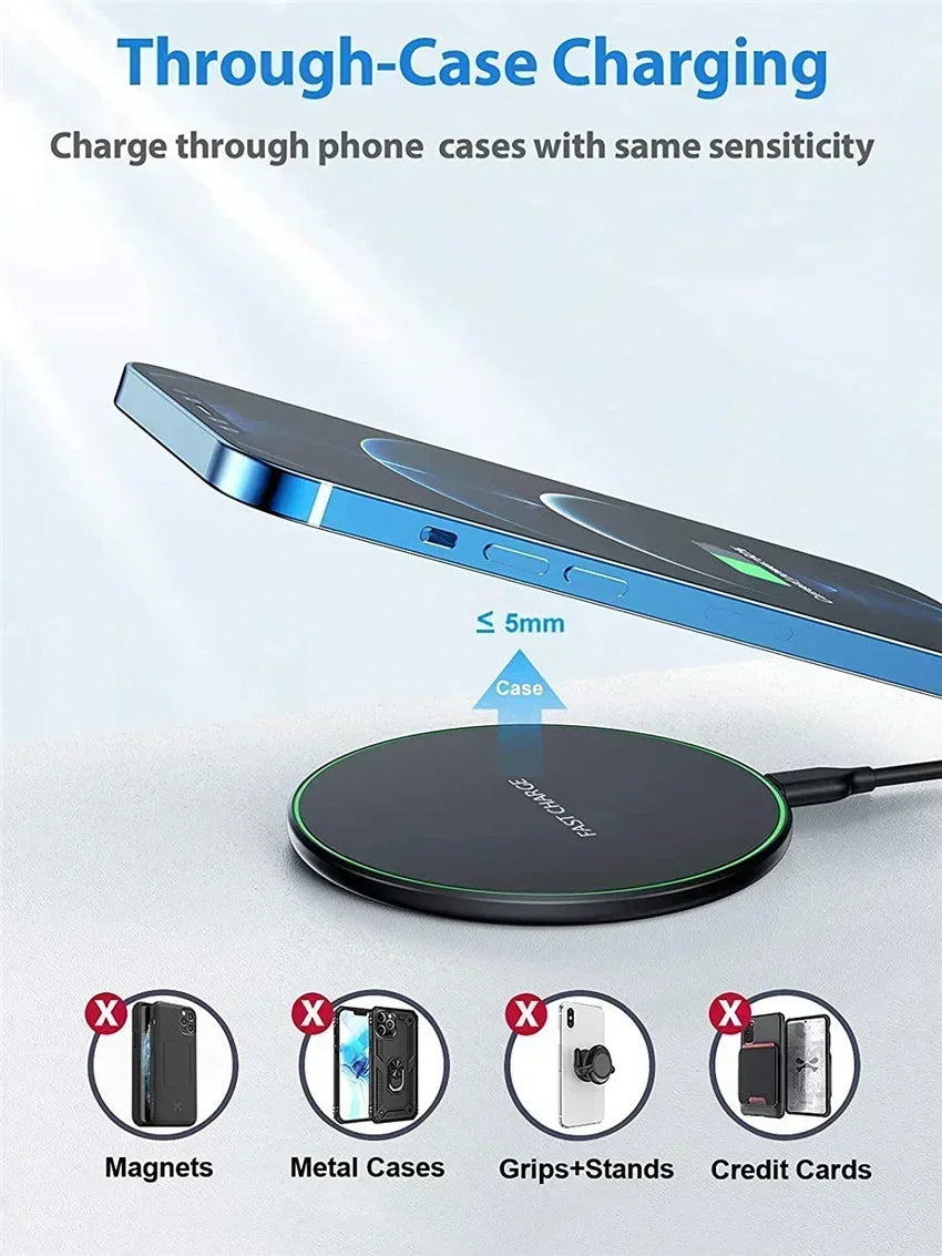 Cargador Inalámbrico Rápido Inducción para iPhone X/XR/XS Max/Mini / 12/13/15/16 Pro / Samsung S8-S10/S21/S22/Note (2025)
