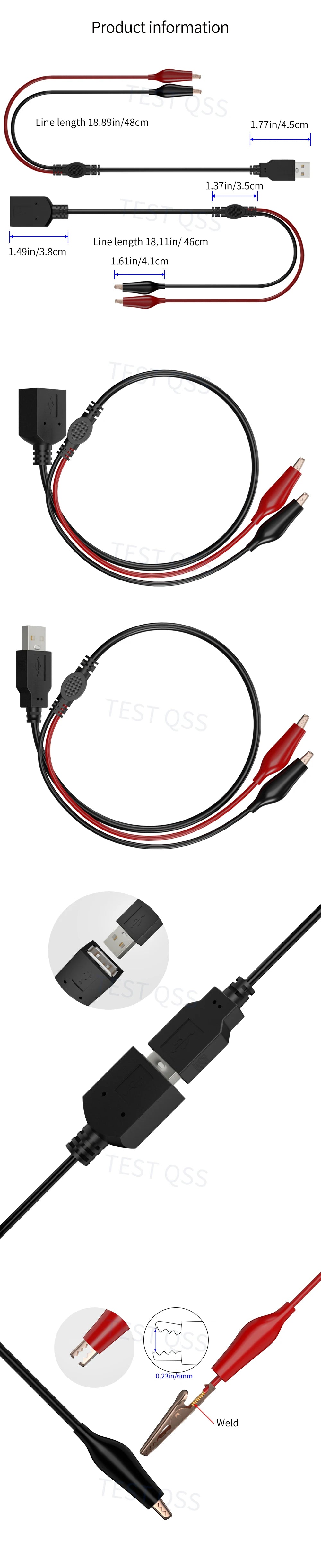 Cable Test QSS (x2) Pinzas Cocodrilo a USB (Macho/Hembra) - Línea Conexión Eléctrica 56cm