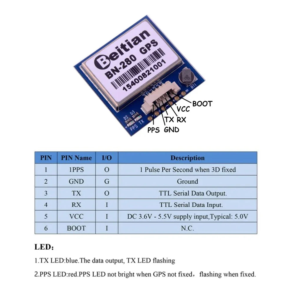 Módulo GNSS Dual Beitian BN-280 G-MOUSE (GPS/GLONASS, UART TTL, 4M Flash, 3-5V) para Arduino/RC/RPI/Drones