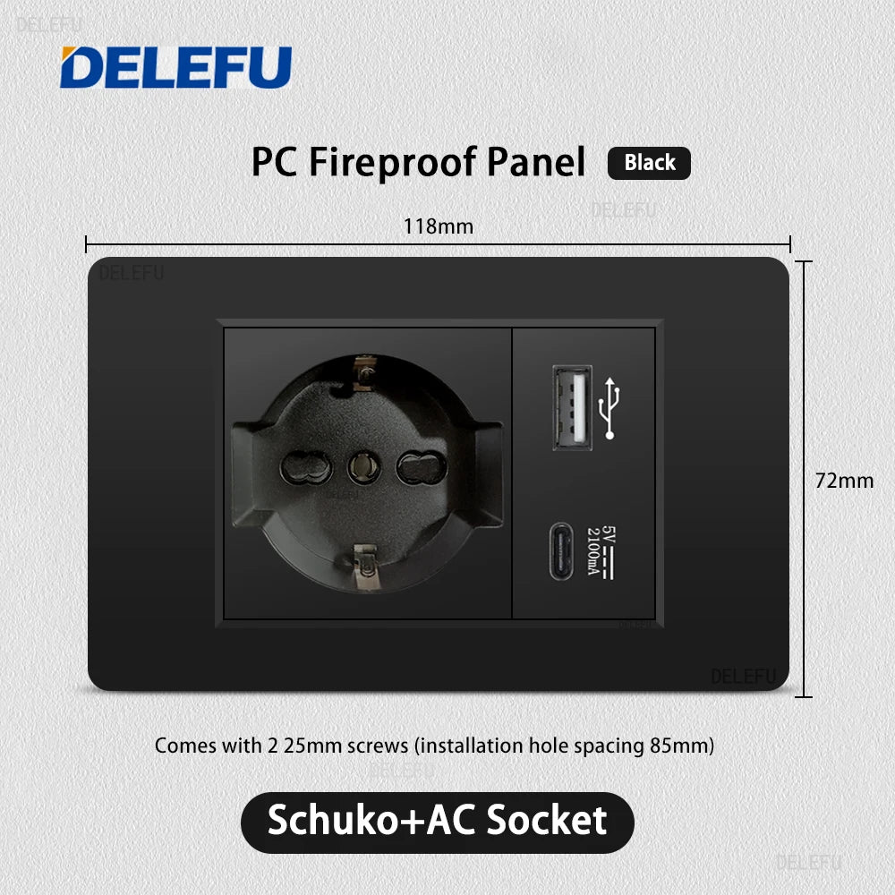 Enchufe Pared Delefu Italia/Chile PC Negro USB-C Carga Rápida + Schuko + Switch Smart Tuya WiFi + SAT/TV/TEL/Timbre
