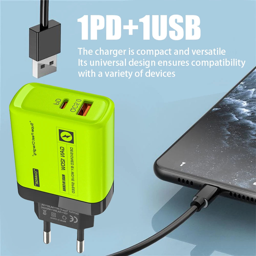 Cargador USB Doble Puerto (USB-C PD + USB-A QC 3.0) Carga Rápida para iPhone 14/15, Samsung, Xiaomi, Huawei