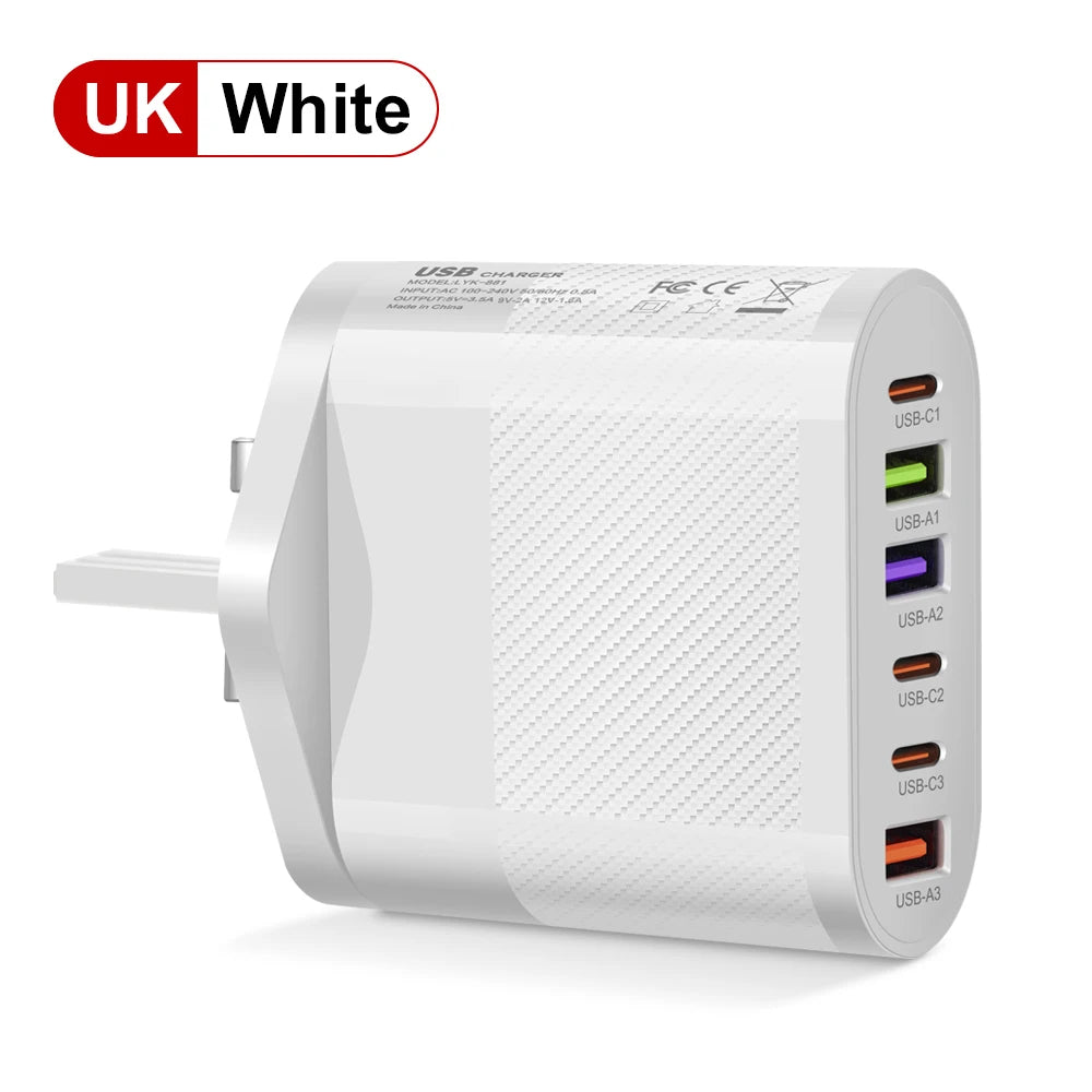 Cargador Pared USB C Múltiple 6 Puertos 65W Carga Rápida PD Adaptador Móvil para iPhone 14/15 Pro/Xiaomi/Samsung/Oneplus