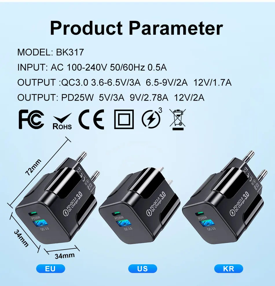 Cargador Pared Rápido PD 25W USB Tipo C (Enchufe Coreano KR) para iPhone 15 Pro Max