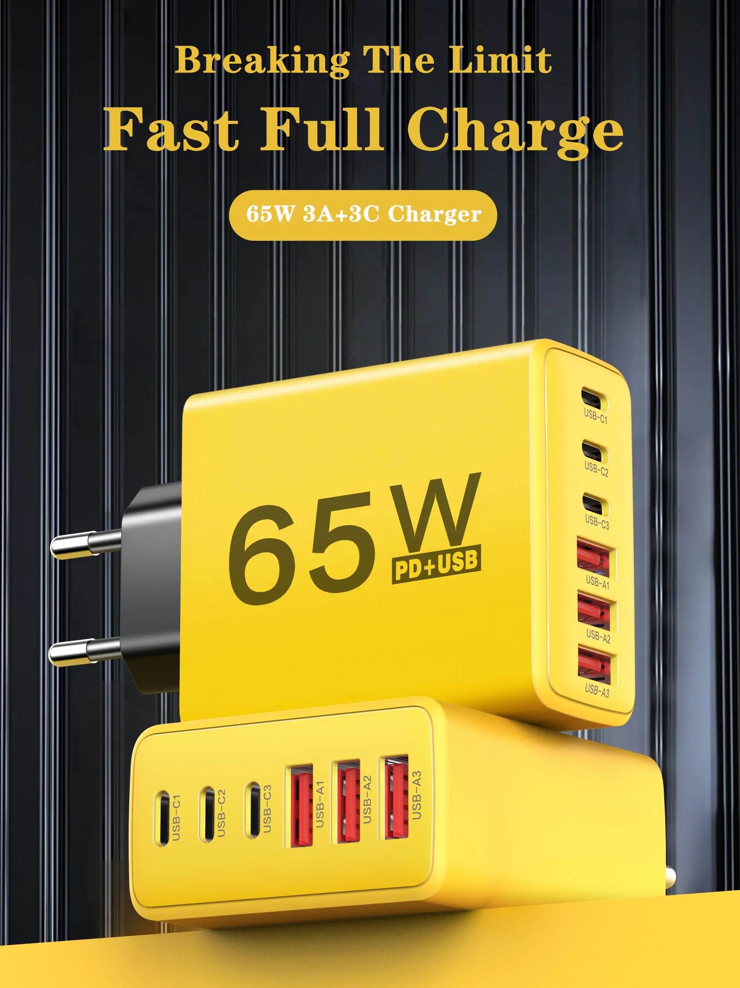 Cargador Pared USB C Múltiple 6 Puertos 65W Carga Rápida Total PD Adaptador Móvil para iPhone 15/16 Pro/Xiaomi/Samsung