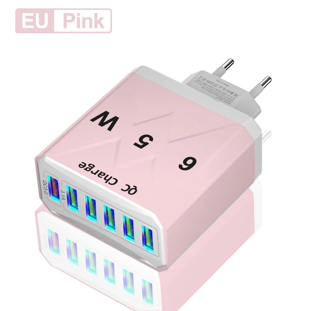 Adaptador Cargador Viaje Rápido USB 3.1A 6 en 1 Multi-Enchufe QC3.0 para iPhone 12/13/Samsung/Xiaomi