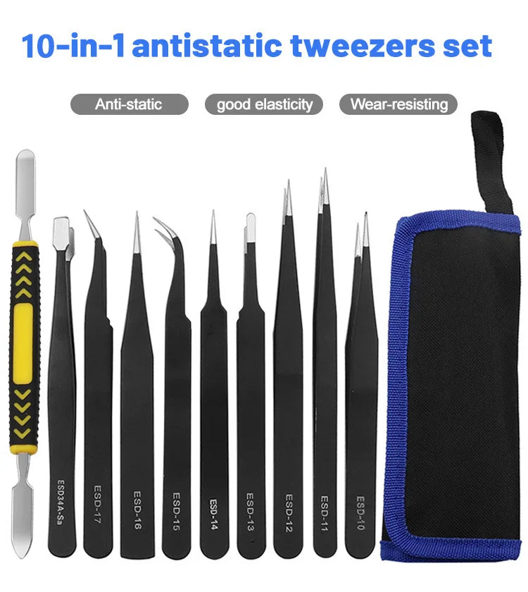 Set Pinzas ESD Antiestáticas Acero Inoxidable Binoax (Puntas No Magnéticas) para Electrónica/Soldadura/Artesanía (6/9/10 Piezas)