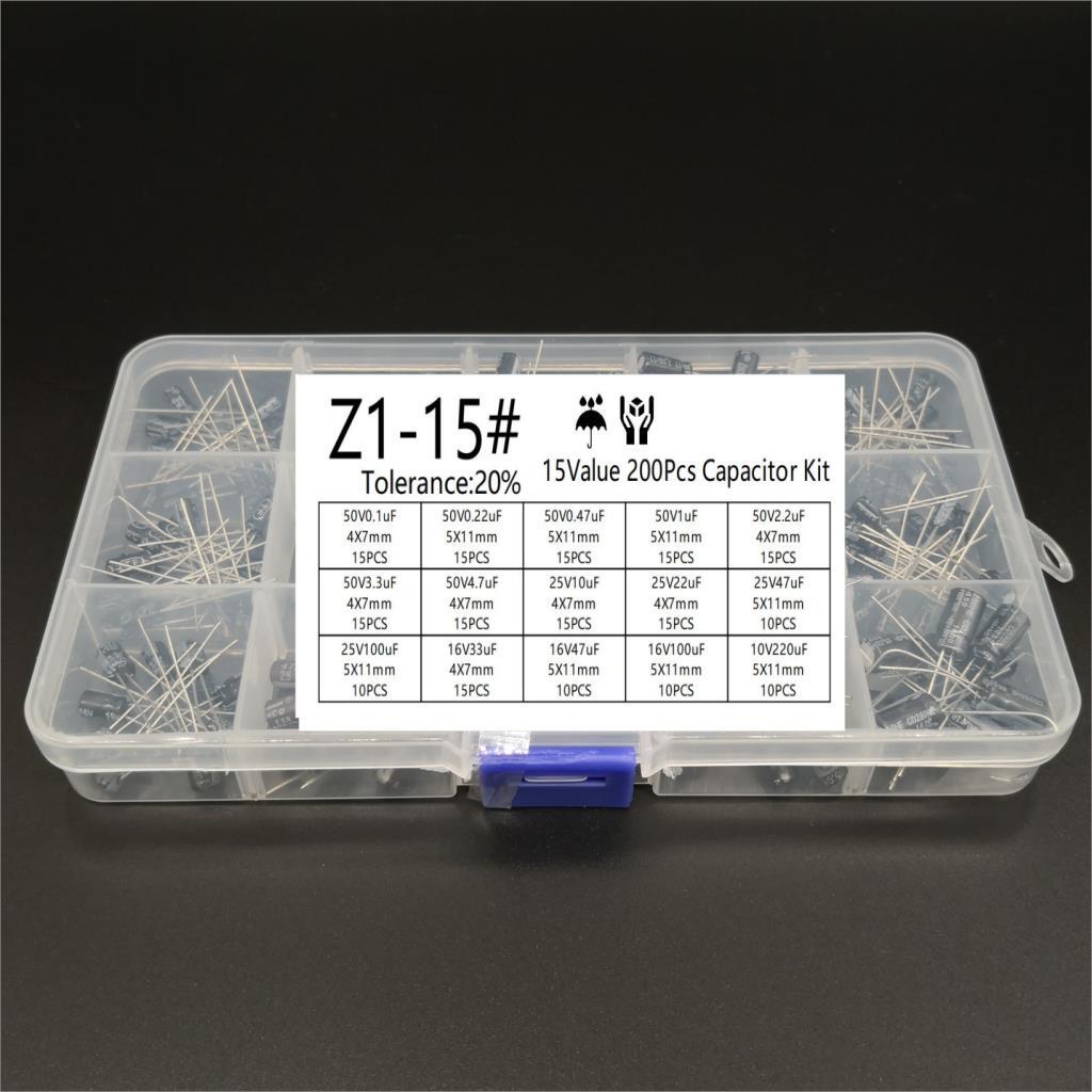 Kit Surtido Capacitores Electrolíticos Radiales 15 Valores (10V-50V, 0.1uF-220uF) (Lote 200 Unidades)