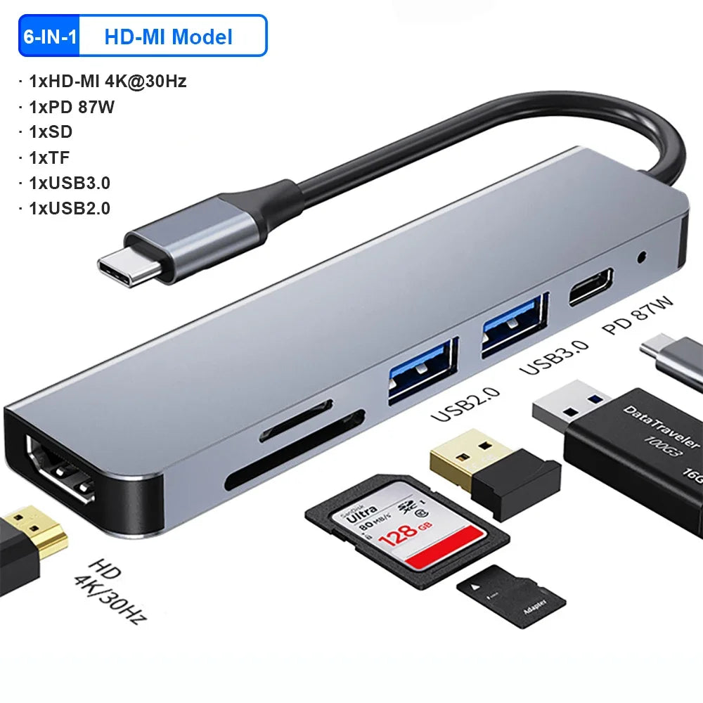 Hub Adaptador Dongle USB-C con HDMI 4K, VGA, PD, RJ45, Lector Tarjetas SD/TF para MacBook Pro/Air M1, iPad