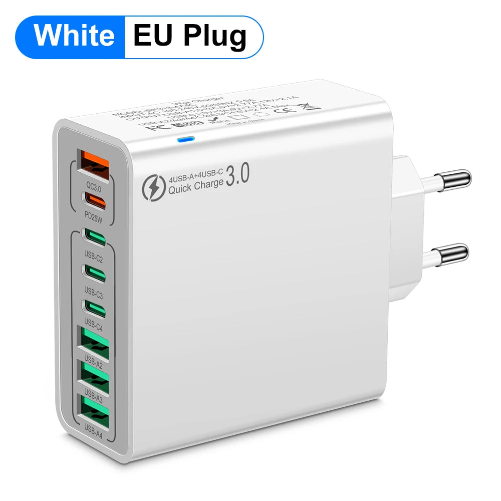 Cargador Pared USB 8 Puertos (Total 65W) Carga Rápida (PD Tipo C, QC 3.0) Adaptador para iPhone 14/15 Pro Max/Xiaomi/Samsung