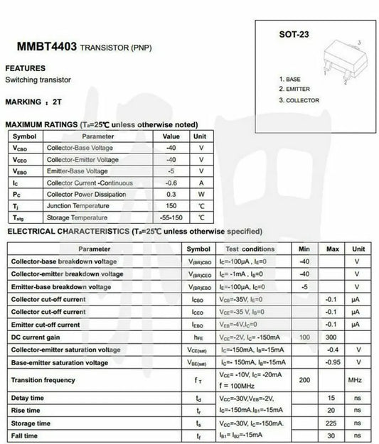Transistor PNP MMBT4403 (2T) SMD SOT-23 40V 0.6A - Lote 100 Piezas