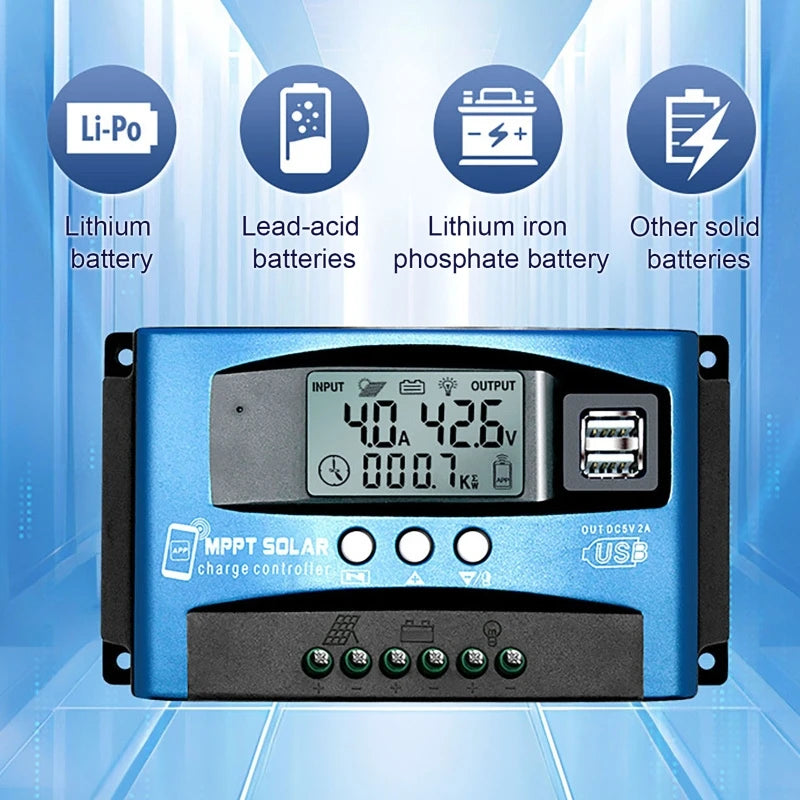 Controlador Carga Solar MPPT 30A-100A 12V-60V Bluetooth LCD Dual USB para Batería Plomo-Ácido/Litio