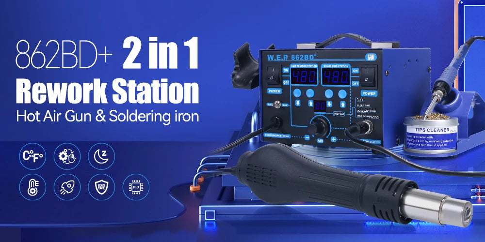 WEP 862BD+ Visible Adjustable Temperture Air Volume BGA Rework Station Hot Air Soldering Station SMD Rework Station With ESD