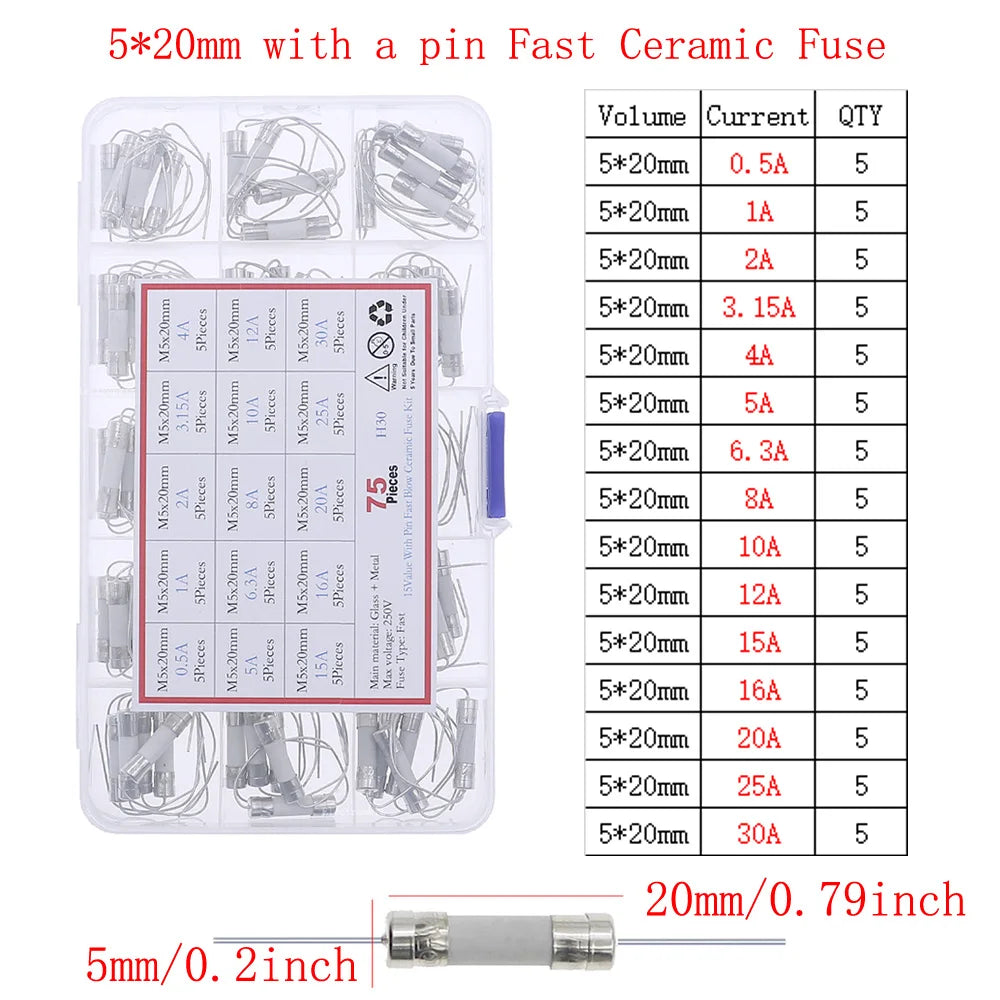 12V-250V Slow Fast Glass Fuse With Lead Wire Mix kit 0.1A 0.25A 0.5A 1A 2A 2.5A 3A 3.15A 4A 5A 6A 6.3A 8A 10A 15A 16A 20A 30A