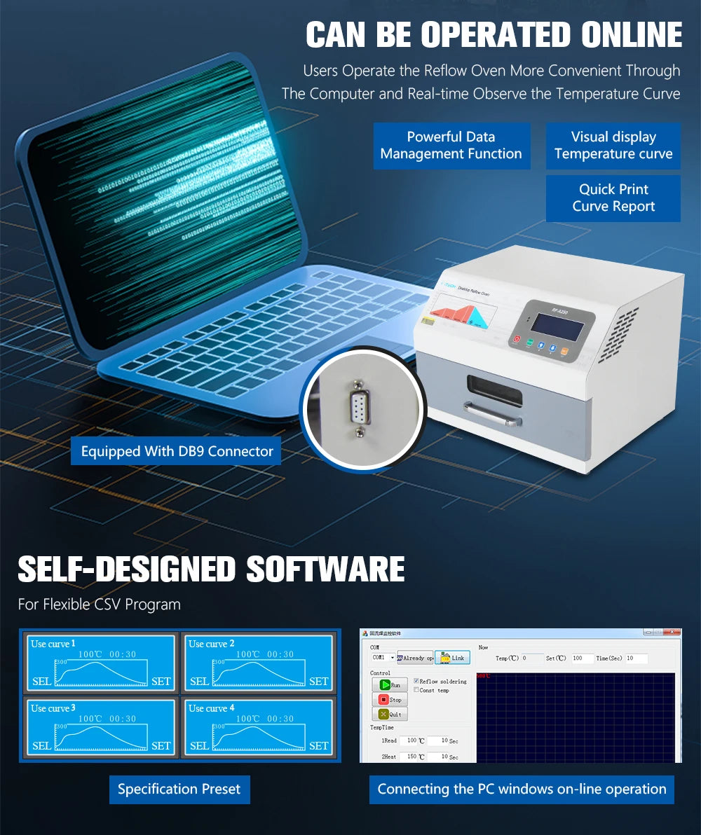Horno de Reflow Soldadura BGA RF-200A (800W) por Infrarrojos y Aire Caliente para SMD/SMT Rework