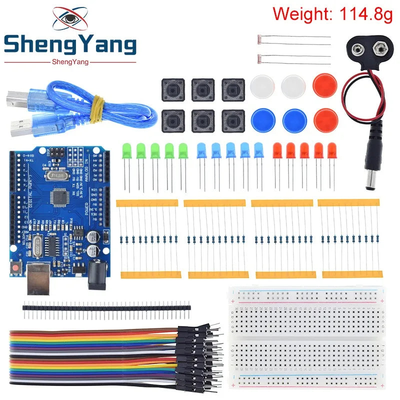 Kit Inicio TZT para Arduino UNO R3 (Mini Protoboard, LED, Cables Jumper, Botón) para Educación Escolar/Laboratorio