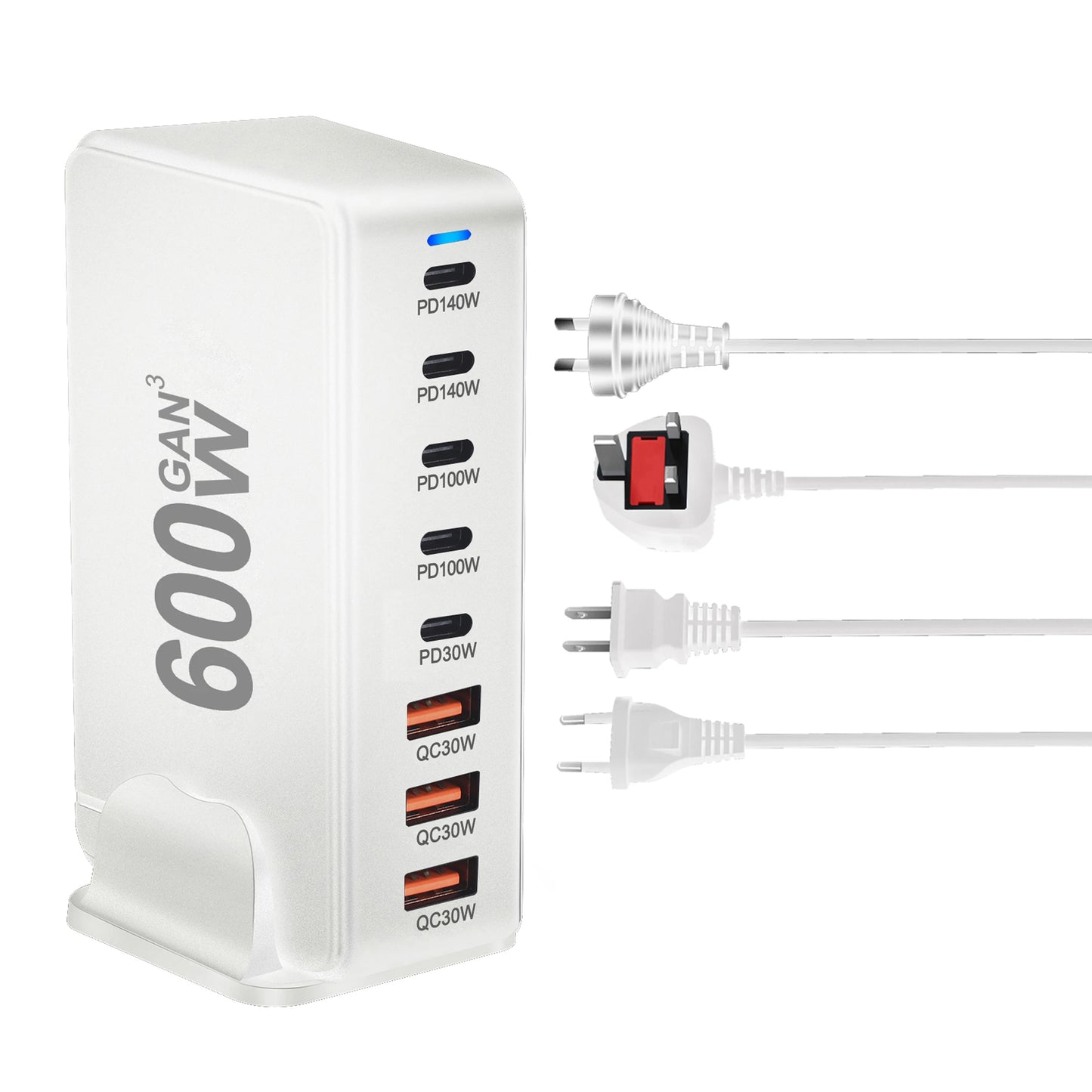 Cargador GaN Rápido 600W 8 Puertos (5 USB-C PD + 3 USB-A QC 3.0?) Portátil para Móvil/Tablet
