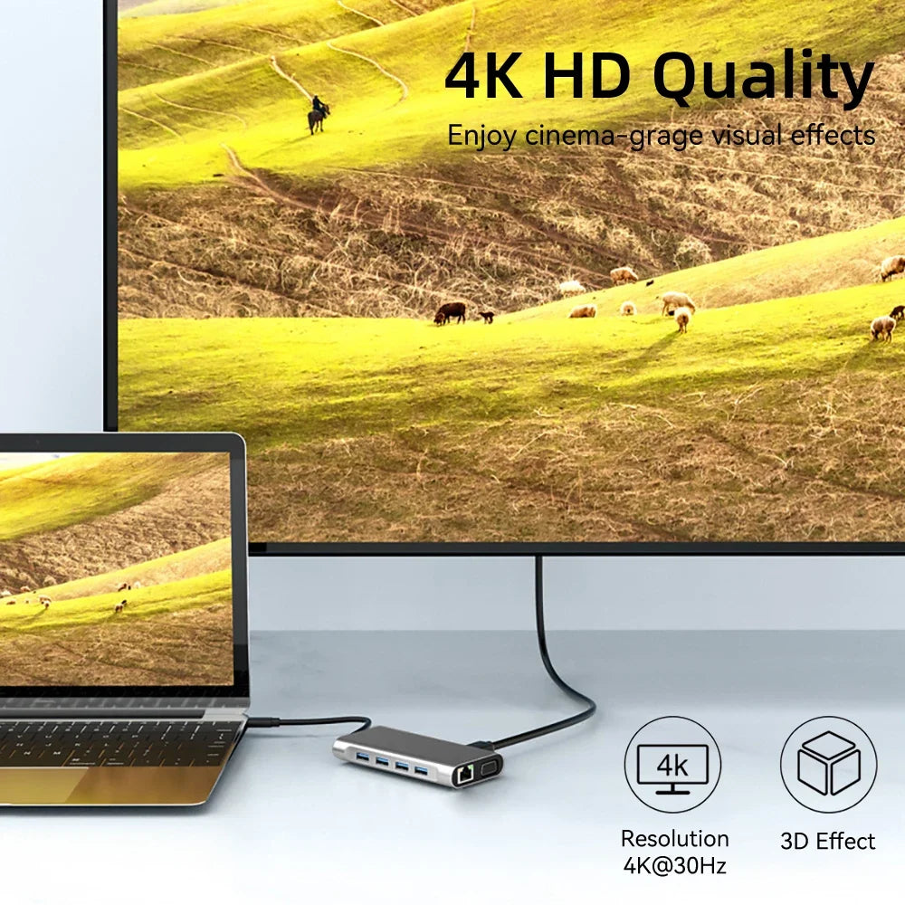 Hub Adaptador Dongle USB-C con HDMI 4K, VGA, PD, RJ45, Lector Tarjetas SD/TF para MacBook Pro/Air M1, iPad