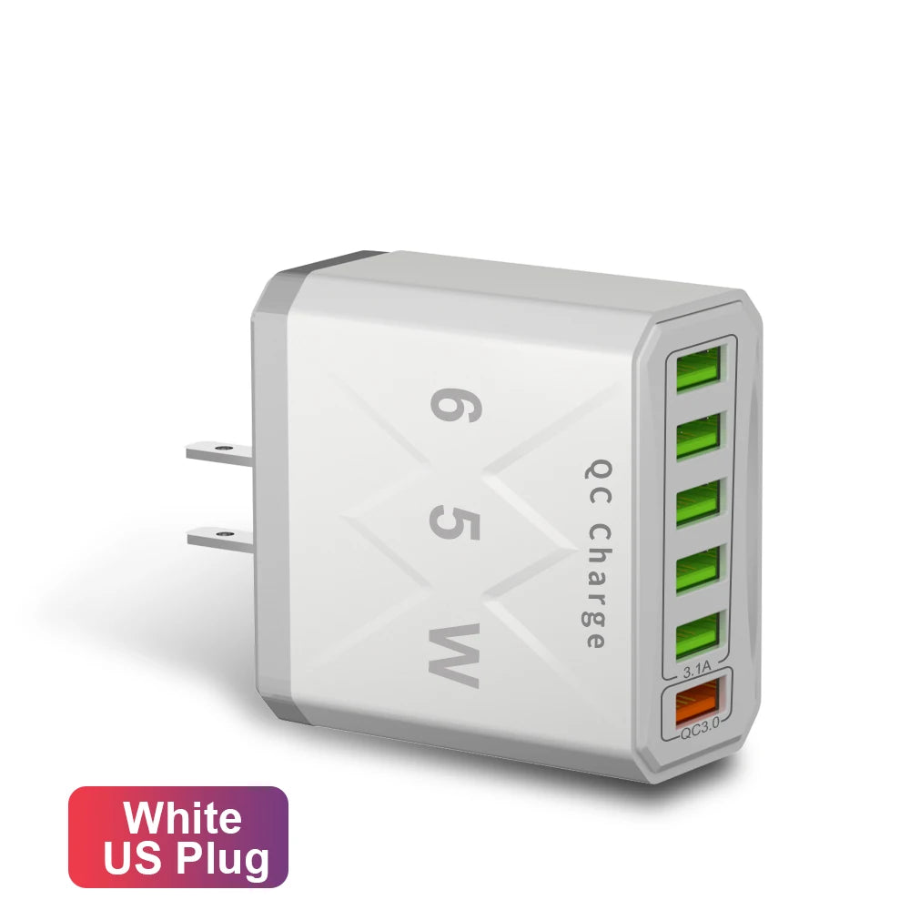 Adaptador Cargador Viaje Rápido USB 3.1A 6 en 1 Multi-Enchufe QC3.0 para iPhone 12/13/Samsung/Xiaomi