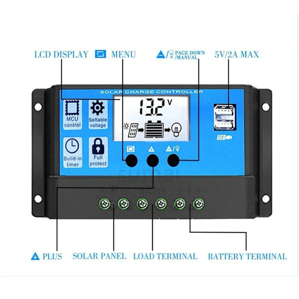 Controlador Carga Solar PWM 30A/50A/60A 12V/24V Auto LCD Dual USB 5V Regulador Panel Batería