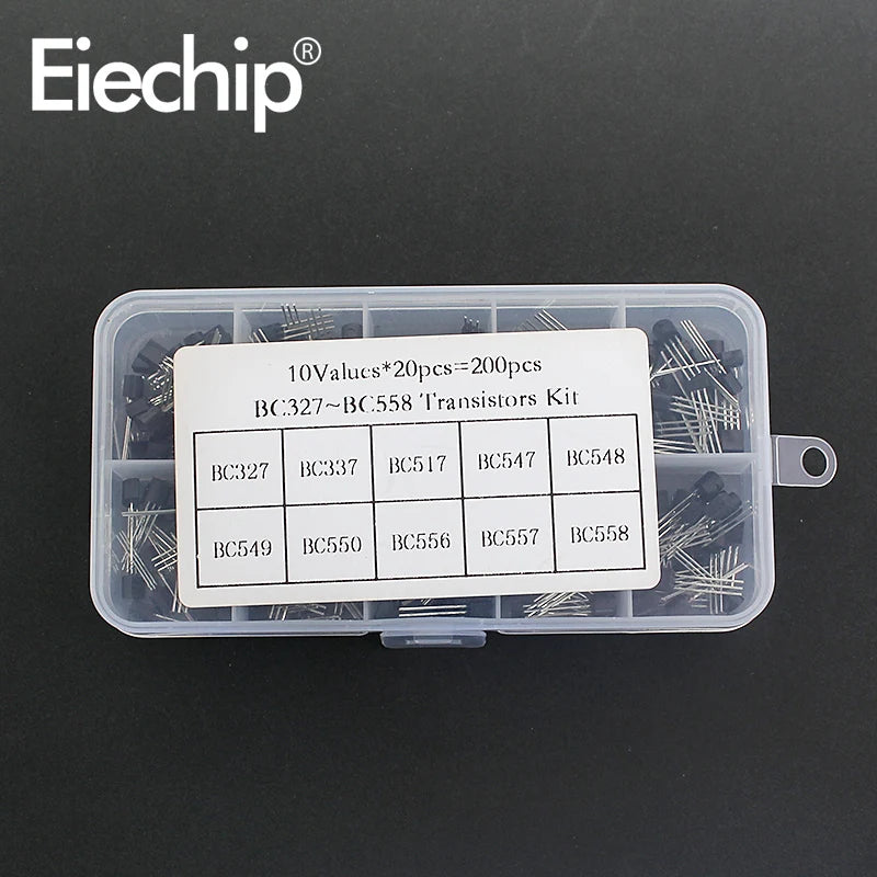 Kit Surtido Transistores TO-92 NPN/PNP (BC547/327/337, 2N2222/3904/3906, C945) en Caja - 200-900 Piezas