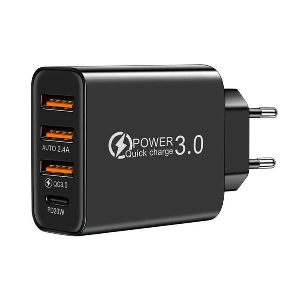 Cargador Rápido USB Tipo C 4 Puertos (QC 3.0, PD) Adaptador Corriente para Móvil iPhone/Samsung/Xiaomi (Negro)