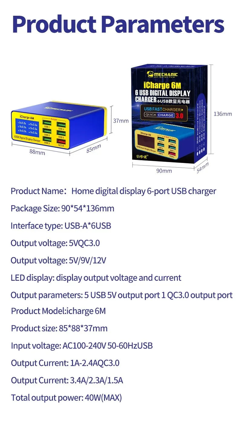 MECHANIC iCharge 6M QC 3.0 USB Smart Charge Support Fast-charging With LCD Digital Display Multi-Port Charger For Tablet Phone
