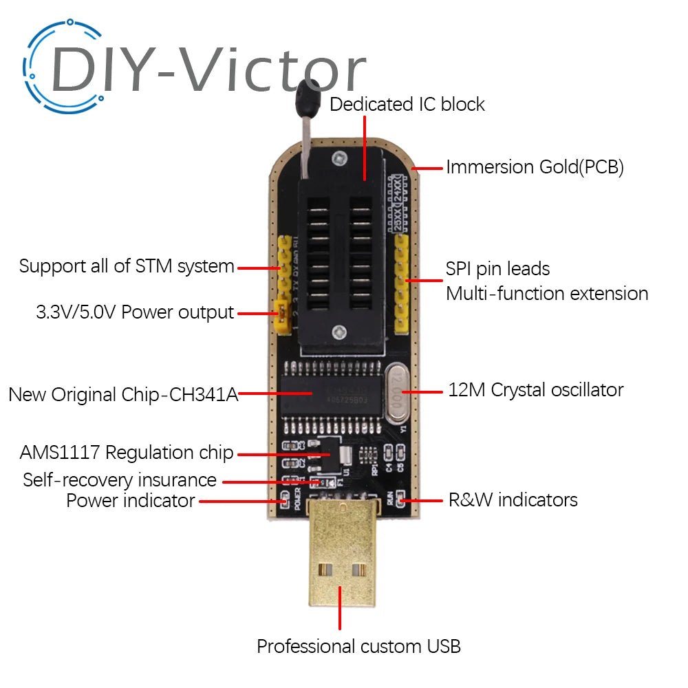 Kit Programador USB CH341A 24/25 Series EEPROM Flash BIOS + Clip Test SOIC8/SOP8 (DIY Kit i21)