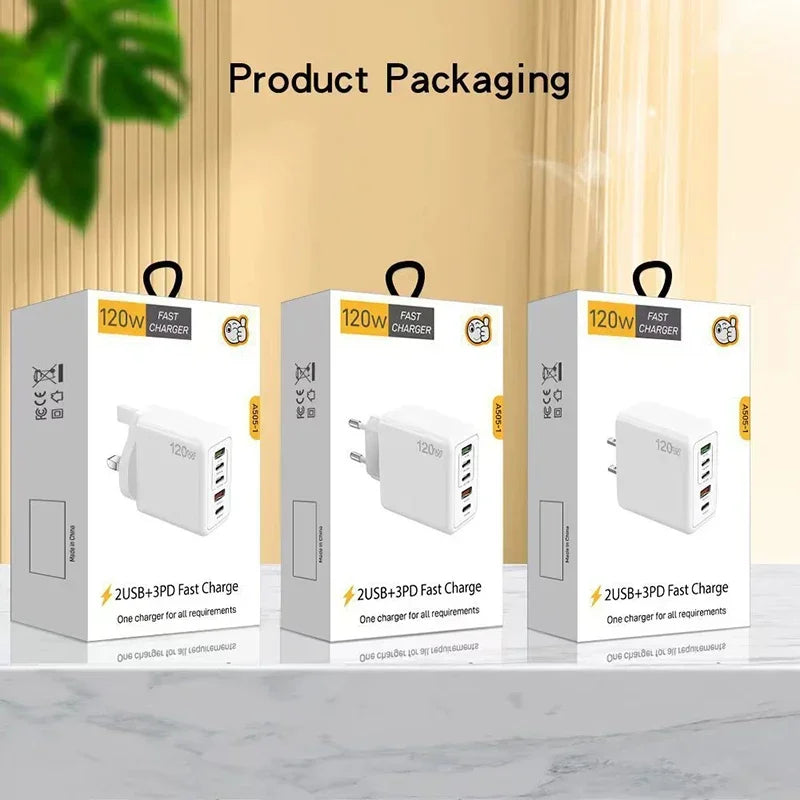 Cargador Xiaomi 120W Carga Rápida Multi 5 Puertos USB-C PD Adaptador para iPhone/Xiaomi/Samsung