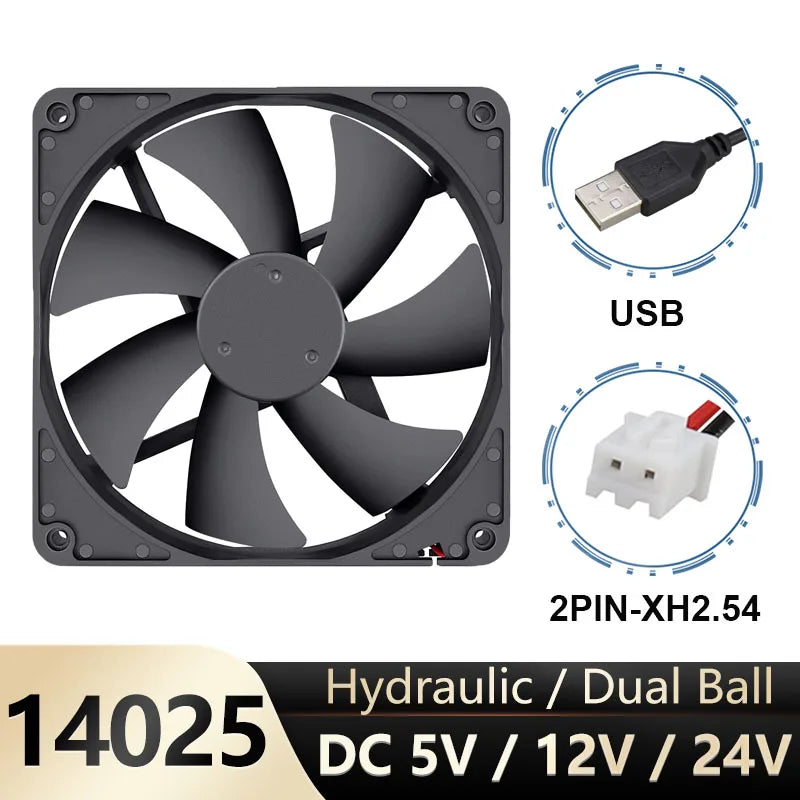 Ventilador Gdstime 140mm (5V/12V/24V, 2PIN/USB, Rodamiento Bola/Buje) para Gabinete PC/CPU Laptop (140x140x25mm)