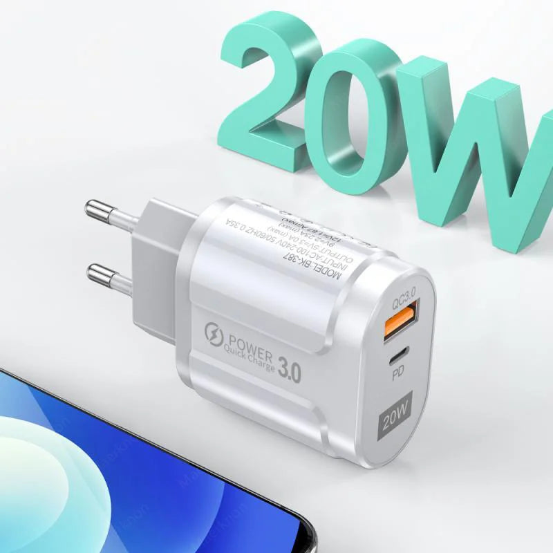 Cargador USB Doble Puerto (Quick Charge 3.0, PD 20W Tipo C) Adaptador Carga Rápida para iPhone 13/12Pro/Huawei/Xiaomi/Samsung