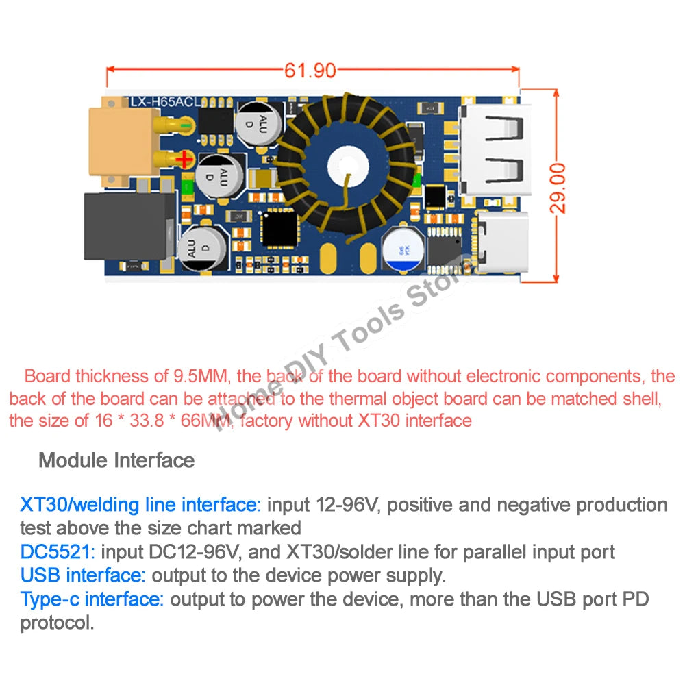Módulo Adaptador Carga Rápida Doble USB (USB-A QC3.0 + USB-C PD) 65W DC 12V-96V Step-Down Apple/Huawei SCP/FCP
