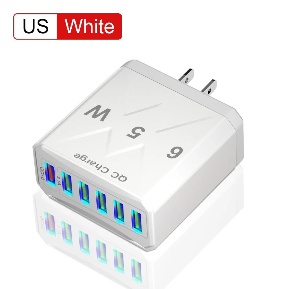 Adaptador Cargador Viaje Rápido USB 3.1A 6 en 1 Multi-Enchufe QC3.0 para iPhone 12/13/Samsung/Xiaomi