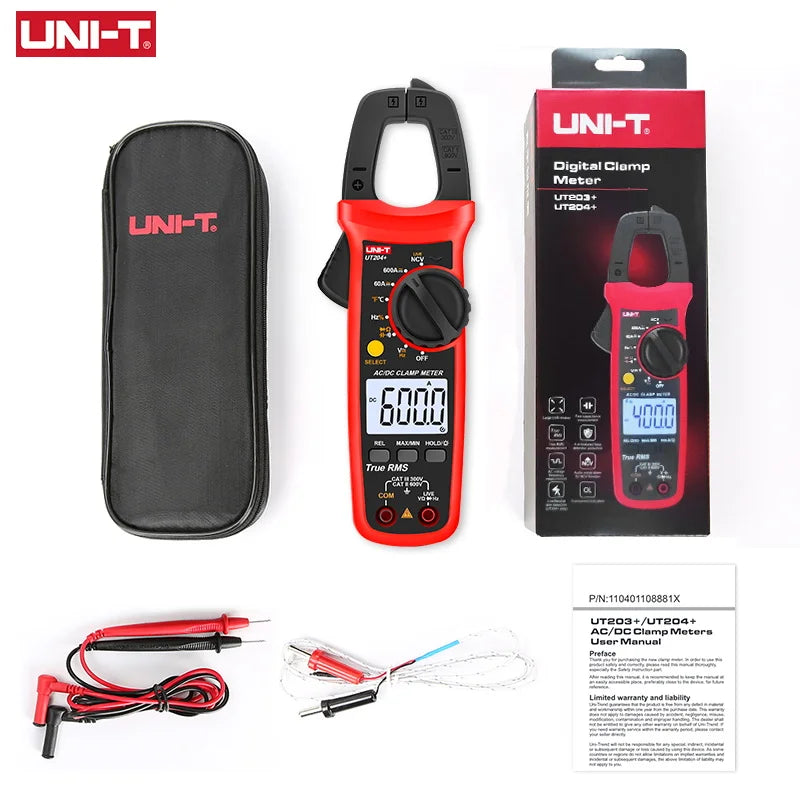 Pinza Amperimétrica Digital UNI-T UT204+ / UT202A+ (600A AC) - Tester Eléctrico Profesional True RMS, NCV, Auto Rango
