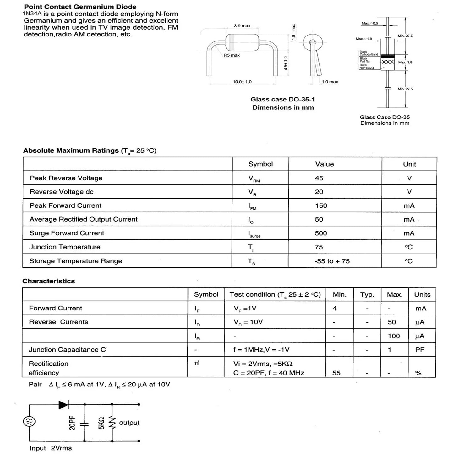 20 Pcs 1N34A 1N34 Schottky Diode 50mA 65V DO-35 (DO-204AH) IN34A IN34 Axial for TV FM AM Radio Detection