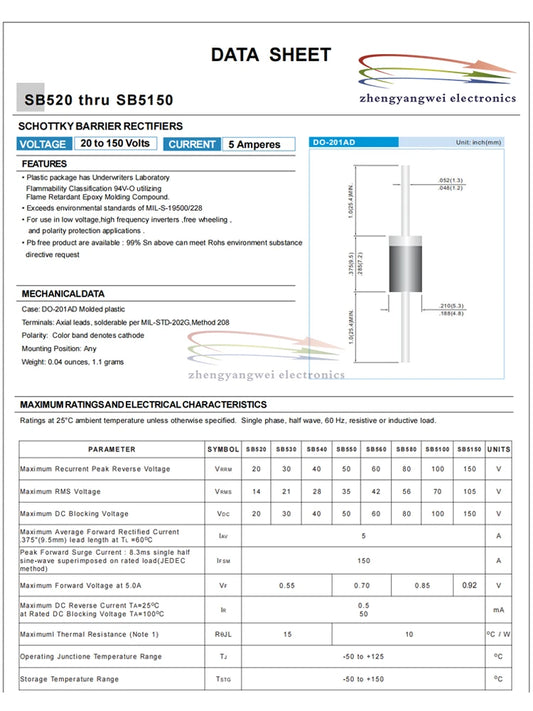 Diodo Schottky THT 5A DO-201AD - Varios Tipos (SB/SR5100-5250, MBR5250) - Lote 10 Piezas
