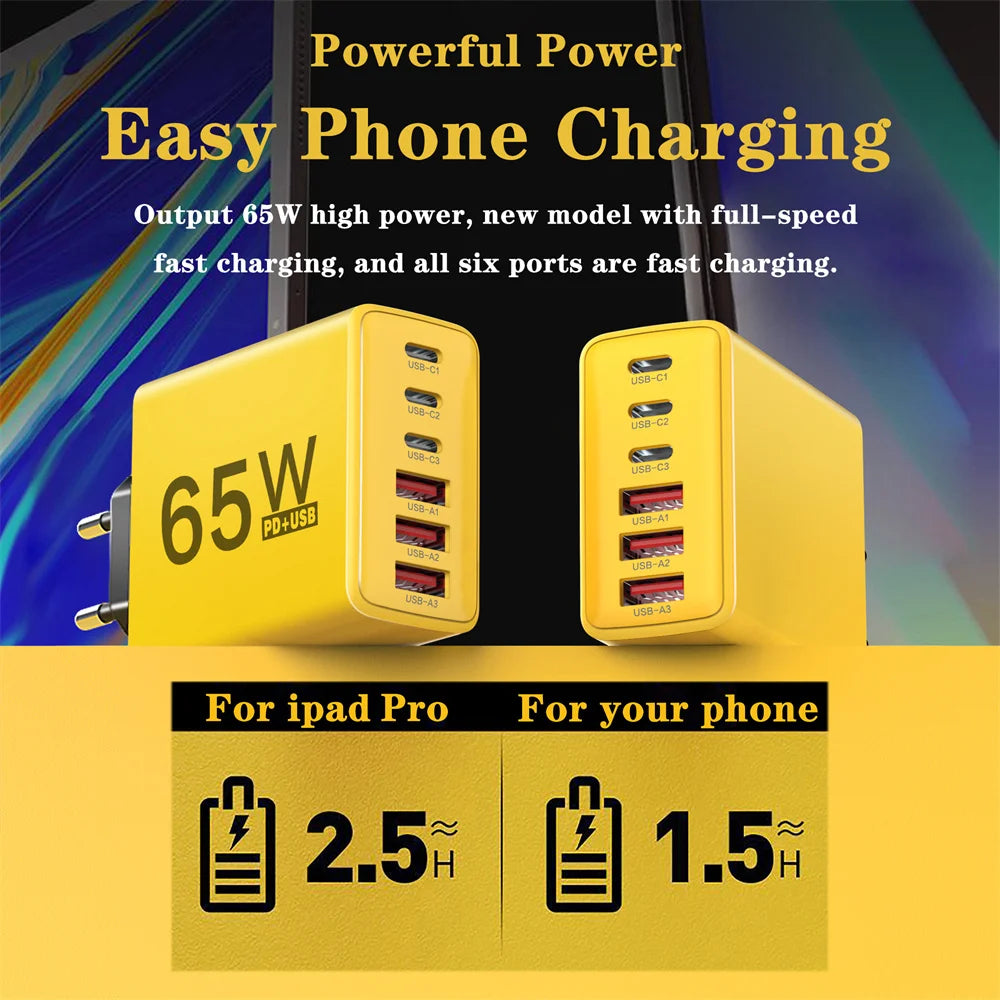 Cargador Pared USB C Múltiple 6 Puertos 65W Carga Rápida Total PD Adaptador Móvil para iPhone 15/16 Pro/Xiaomi/Samsung