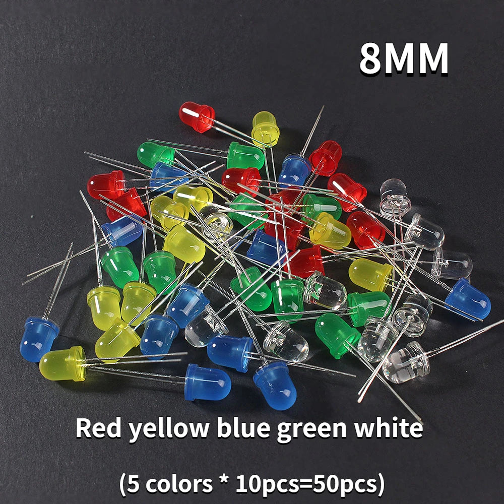 Kit Surtido Diodos LED (3mm/5mm/8mm/10mm, Rojo/Amarillo/Azul/Verde/Blanco) para DIY Electrónico (50/100 Unidades)