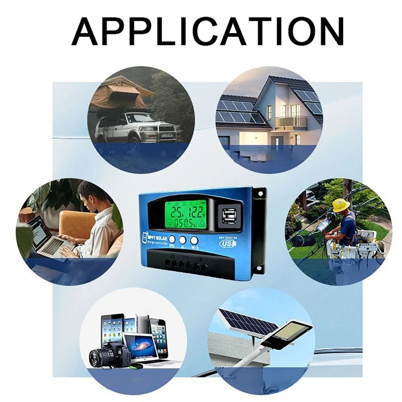 Controlador Carga Solar MPPT 30A-100A 12V-60V Bluetooth LCD Dual USB para Batería Plomo-Ácido/Litio