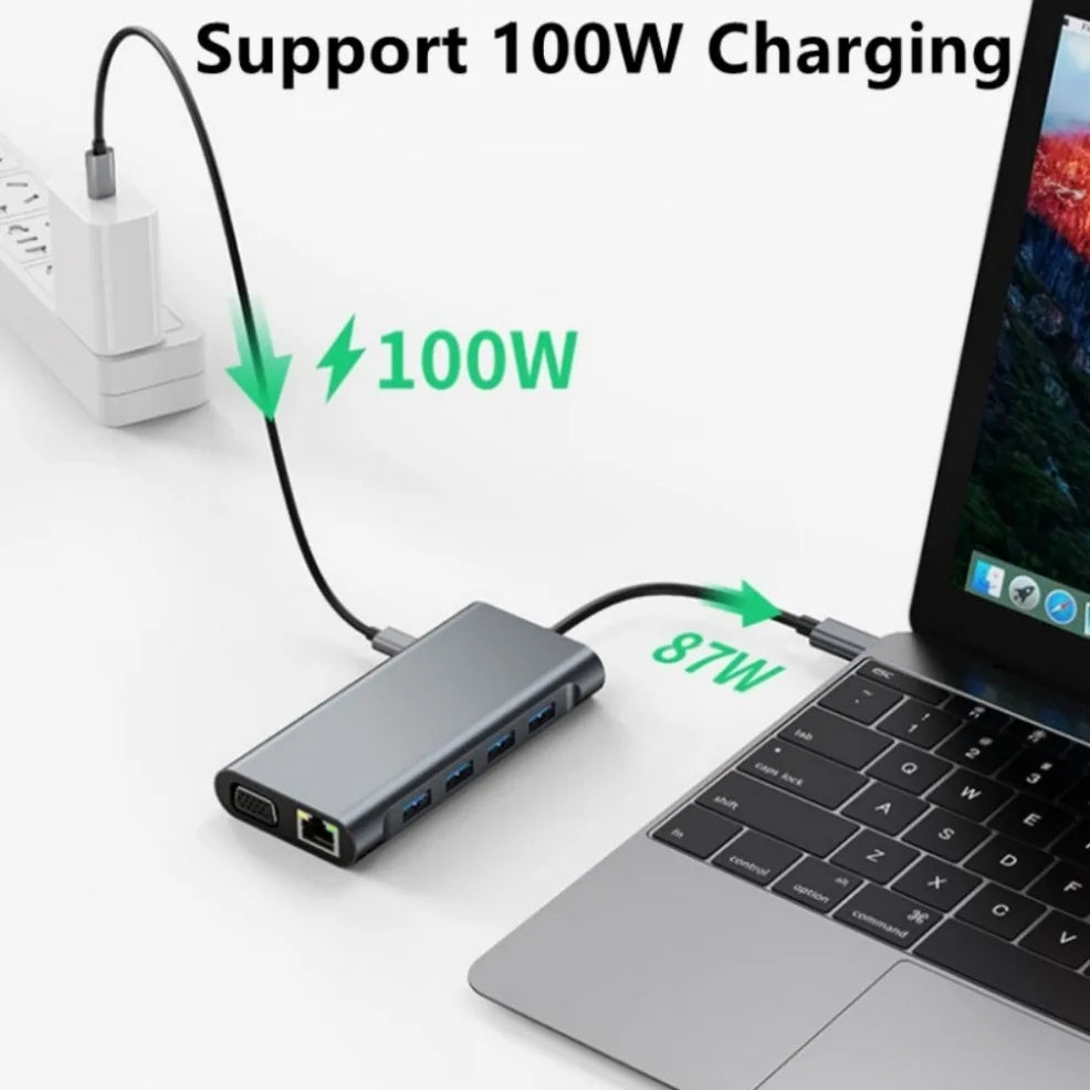 Hub USB-C Docking Station 11-en-1 Tipo-C a HDMI 4K, VGA, RJ45, PD 100W, USB para PC Accesorios Computador