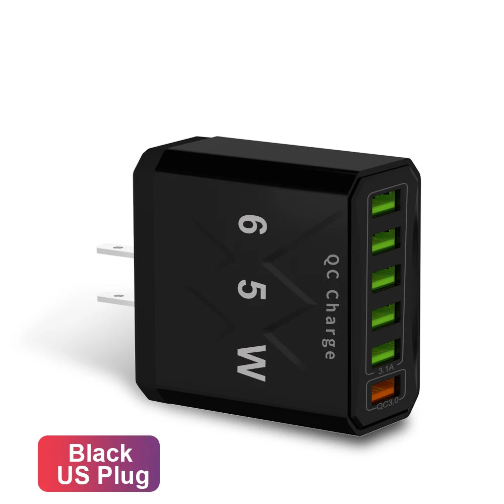 Adaptador Cargador Viaje Rápido USB 3.1A 6 en 1 Multi-Enchufe QC3.0 para iPhone 12/13/Samsung/Xiaomi